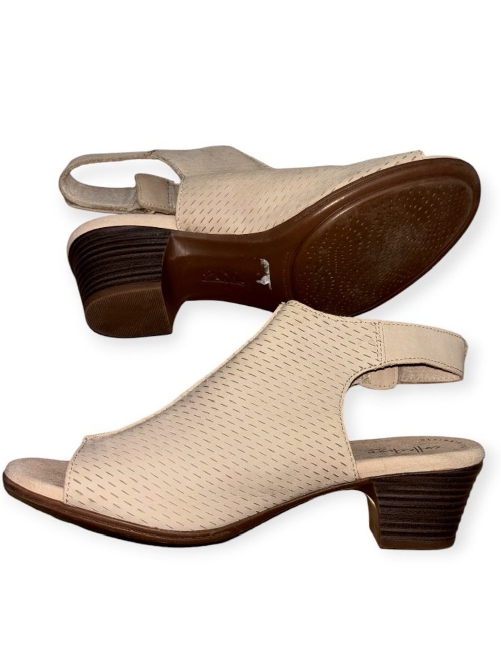 Clarks Perforated Slingback Peep-Toe Heels in Light Taupe